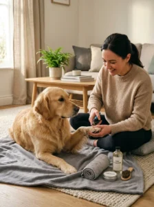 Dog receiving nail trimming and paw care as part of a grooming routine