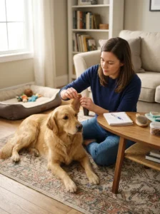 Owner systematically checking different areas of a dog for odor