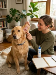 Owner checking a dog's ears as part of a regular cleaning routine