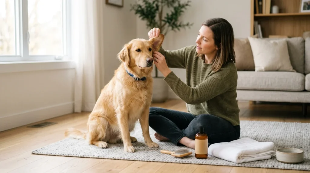 Owner checking a dog for the cause of persistent odor after bathing
