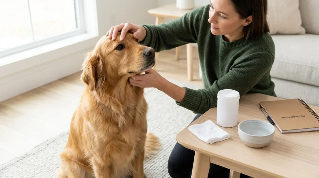 Golden Retriever being checked for eye discharge and irritation.