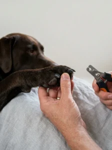 Owner carefully checking a dog's short nails before gradual trimming