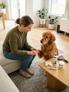 Checking a dog's eyes alongside other allergy-related symptoms.