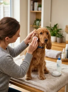Owner gently cleaning a dog's outer ear during home grooming