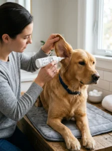 Owner applying dog ear-cleaning solution during routine ear care