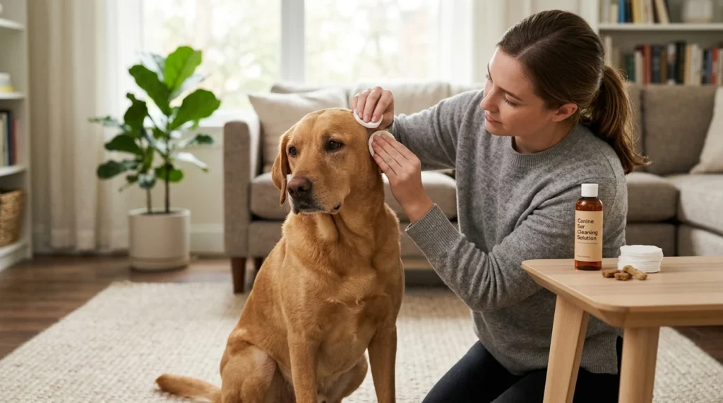 Owner gently cleaning a dog's ear with a cotton pad and dog ear cleaner