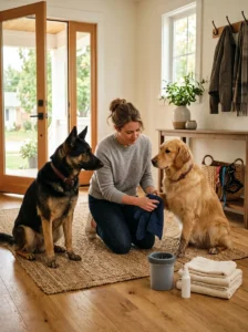 Cleaning muddy paws for two dogs with an organized routine