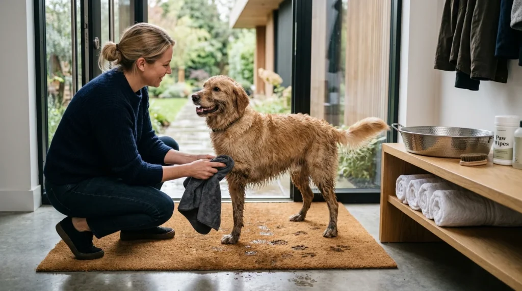Cleaning muddy dog paws after a rainy walk