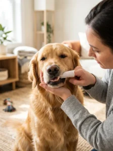 Dog receiving gentle dental care with a canine dental wipe