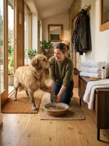 Washing muddy dog paws in a shallow basin after a rainy walk