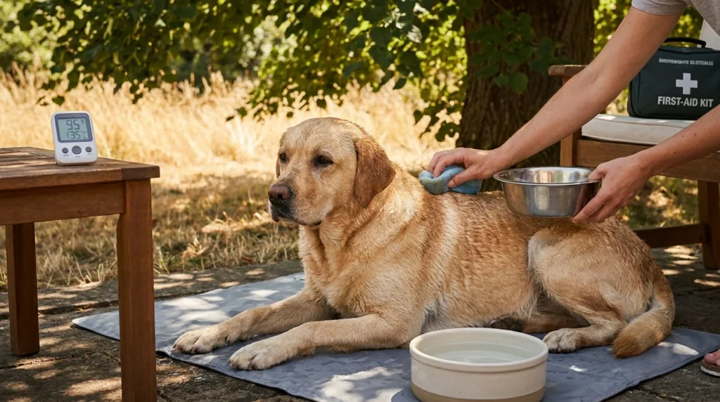 Dog being safely cooled during suspected heatstroke