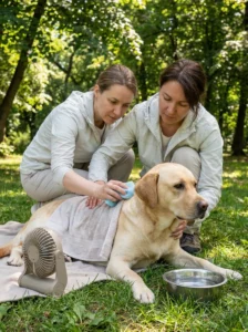 Owner cooling a dog with cool water during suspected heatstroke