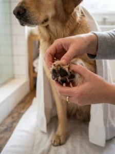 Thoroughly drying between a dog's toes after paw washing