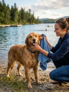 Owner drying a dog's ears after swimming