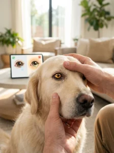 Checking the color and pattern of a dog's eye discharge.