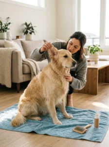 Owner gently checking a dog's ear for a possible source of odor