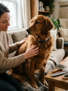 Owner checking a dog's coat texture for changes in grooming needs