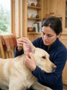 Owner checking a dog's ear for signs of an ear problem