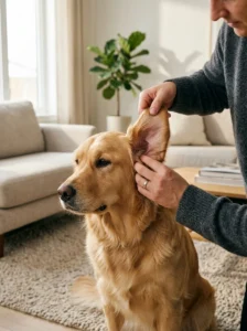Floppy-eared dog having its ears checked during routine ear care