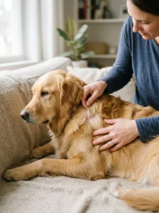 Owner checking a dog's coat for unusual shedding or skin changes