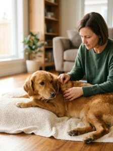 Female dog having her coat checked for changes in shedding patterns