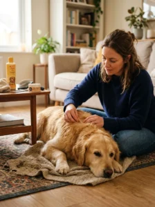Owner checking a dog's coat for signs of over-bathing