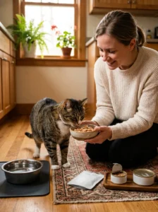 Cat being offered warmed food in a calm environment after mild appetite loss