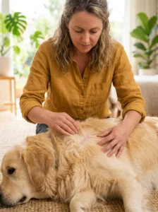 Owner checking a dog's skin and coat during grooming