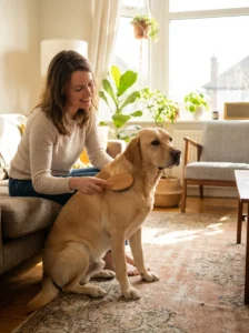 Owner grooming a dog at home between professional grooming appointments