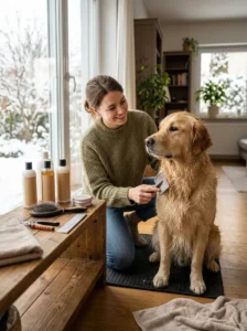 Dog receiving grooming care adjusted for seasonal health and comfort