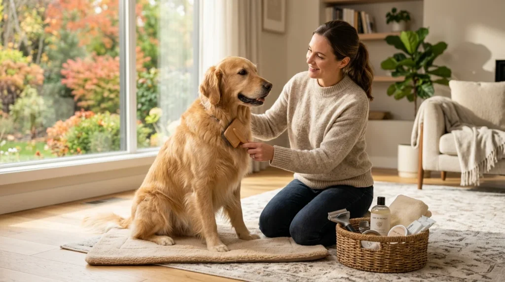 Dog receiving seasonal grooming care with brushes and paw-care supplies