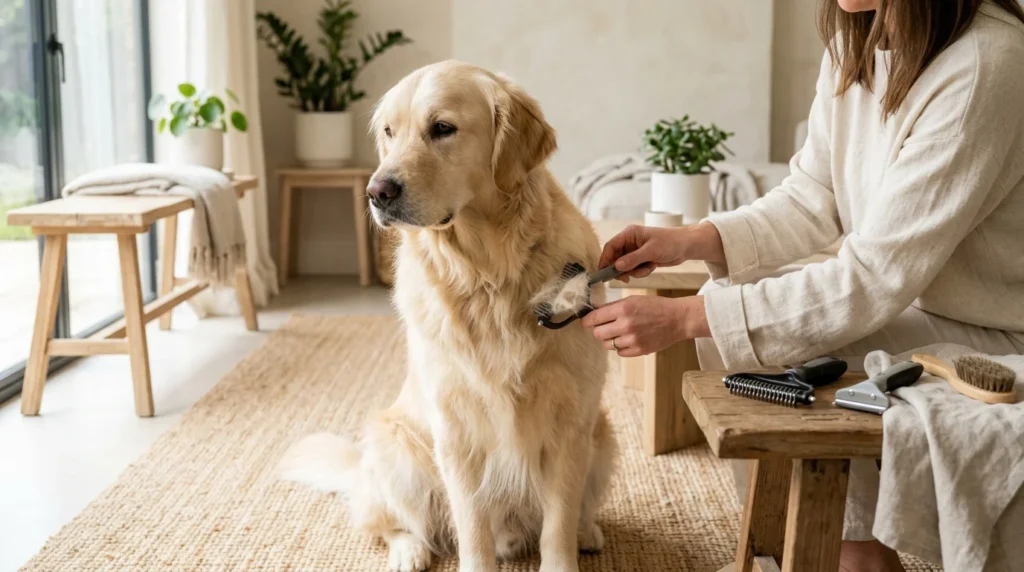Dog being groomed with a deshedding tool to remove loose undercoat