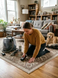 Owner investigating persistent dog odor that remains after regular cleaning