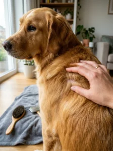 Owner checking a dog's coat condition as part of seasonal grooming