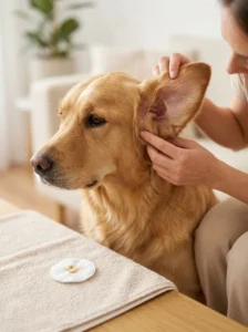 Owner checking a dog's ear for normal wax and unusual debris