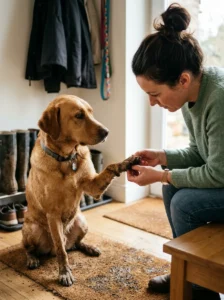 Checking a dog's paws for debris cuts and irritation after a walk