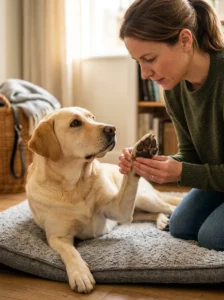 Owner checking a dog's paw pads during a grooming routine