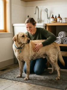 Dog with visible dirt on its coat ready for a bath