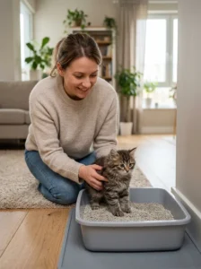 Owner gently introducing a kitten to its litter box