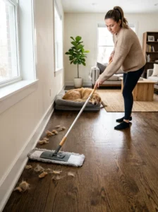 Microfiber mop collecting dog hair from hardwood flooring