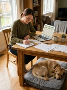 Dog owner planning and budgeting for routine veterinary care