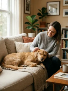 Calm dog relaxing with owner in a low-stress home environment