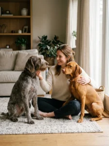 Two healthy dogs with naturally different coat and scent characteristics