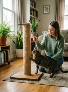 Cat being redirected calmly instead of punished for scratching