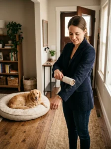Lint roller removing dog hair from clothing