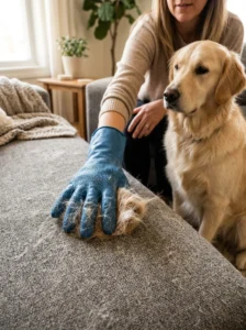 Rubber glove gathering static-clinging dog hair from upholstery