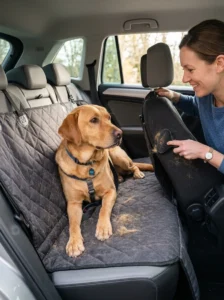 Owner removing dog hair from a car seat with a pet hair tool