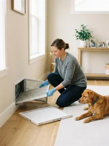Owner replacing an HVAC filter to help manage pet hair and dander