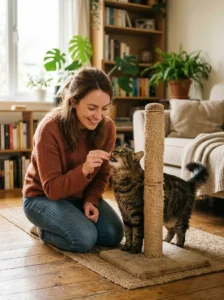 Cat receiving positive reinforcement after using a scratching post