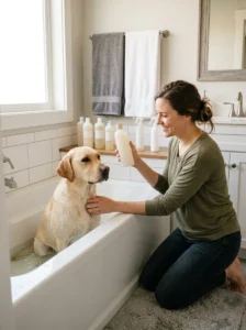 Dog owner choosing a dog-specific shampoo for bath time